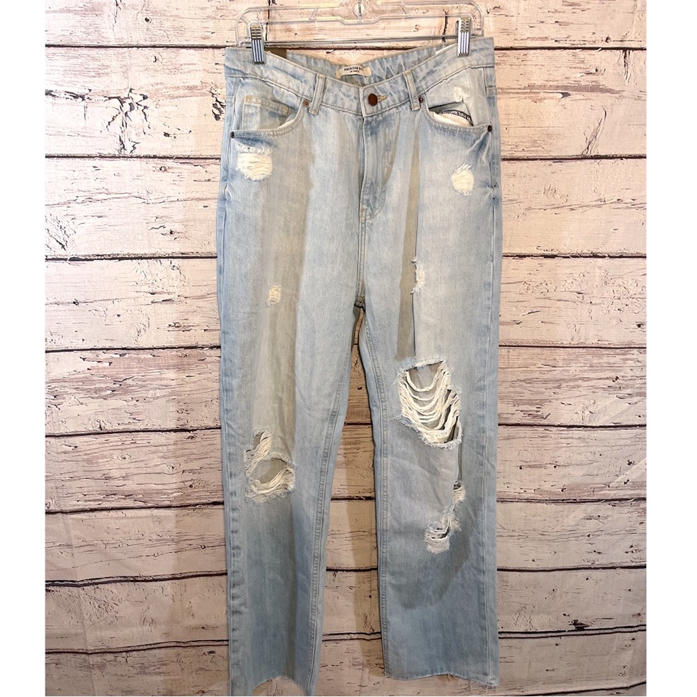 AMERICAN BAZI Jeans Distressed High Rise Wide Leg Light Wash-13
